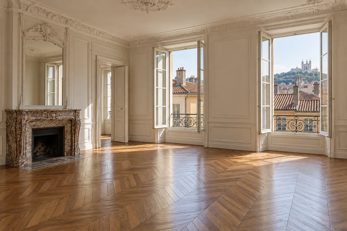 Salon vide d’un appartement ancien avec parquet en point de Hongrie, cheminée en marbre et hautes fenêtres ouvertes sur des toits