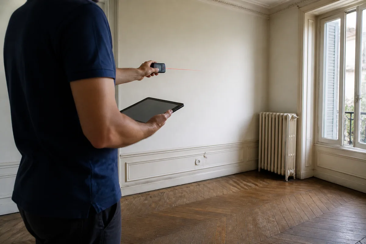 Diagnostiqueur immobilier relevant des mesures dans le séjour d&rsquo;une maison ancienne mise en vente