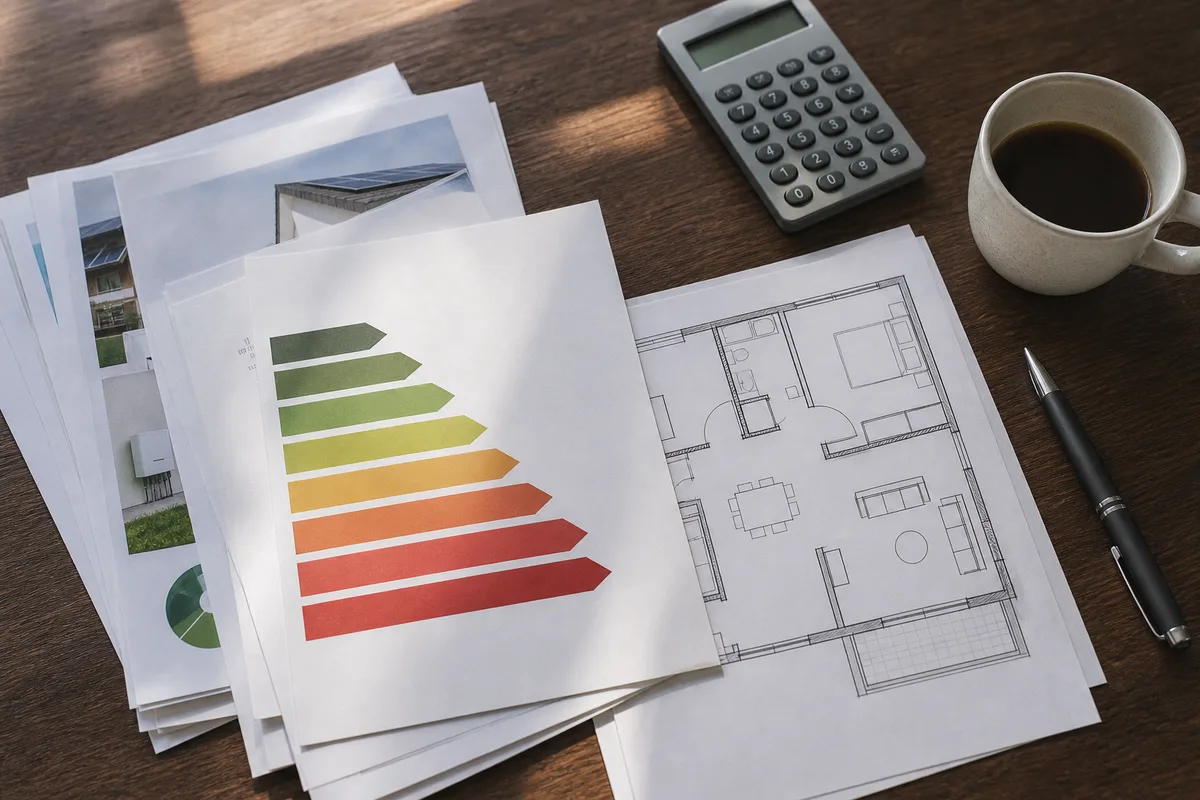 Dossier de diagnostics techniques ouvert sur une table avec étiquette énergie et plans de logement