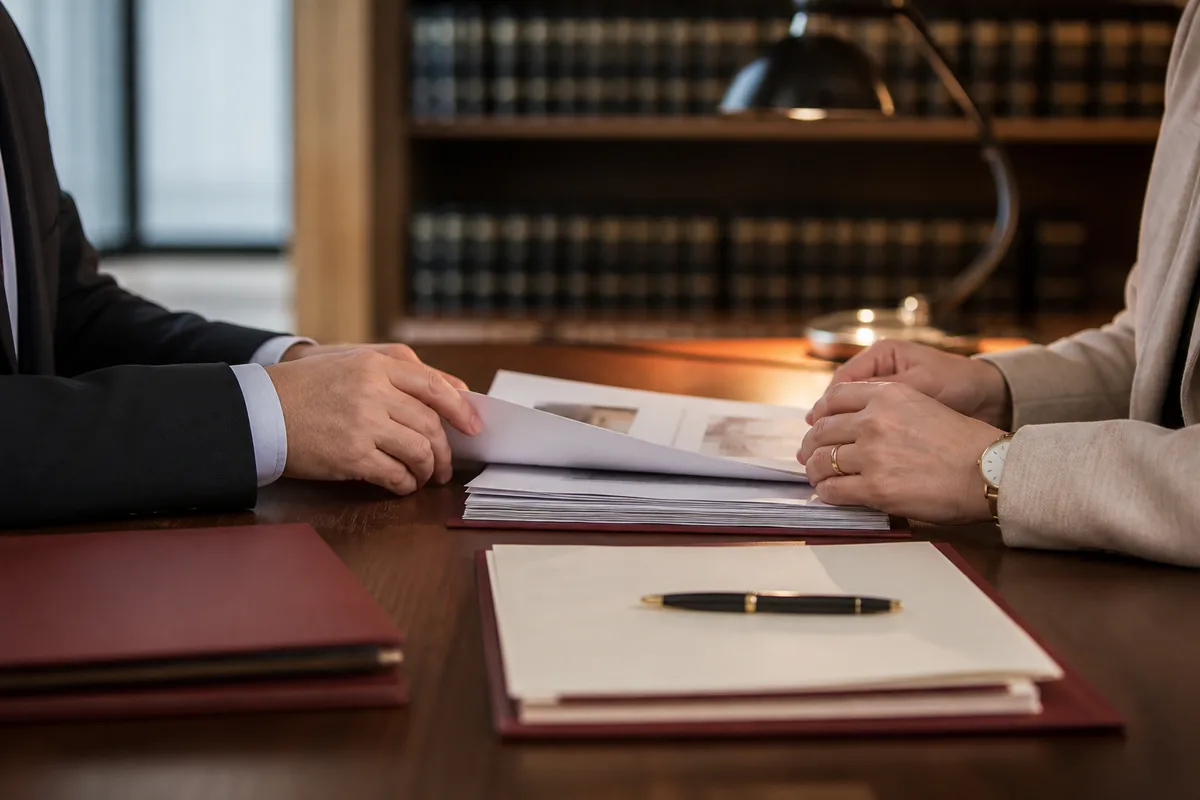 Notaire et vendeur examinant un dossier technique avant la signature d&rsquo;un compromis de vente