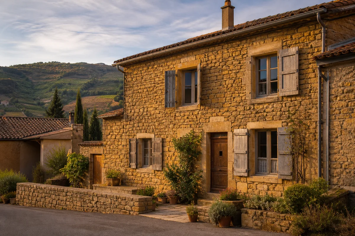 Maison ancienne en pierres dorées du Beaujolais avec sa façade et sa toiture visibles depuis la rue