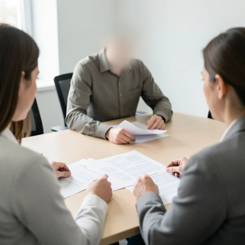 Deux personnes assises face à un notaire lisant les clauses d’un avant-contrat de vente immobilière