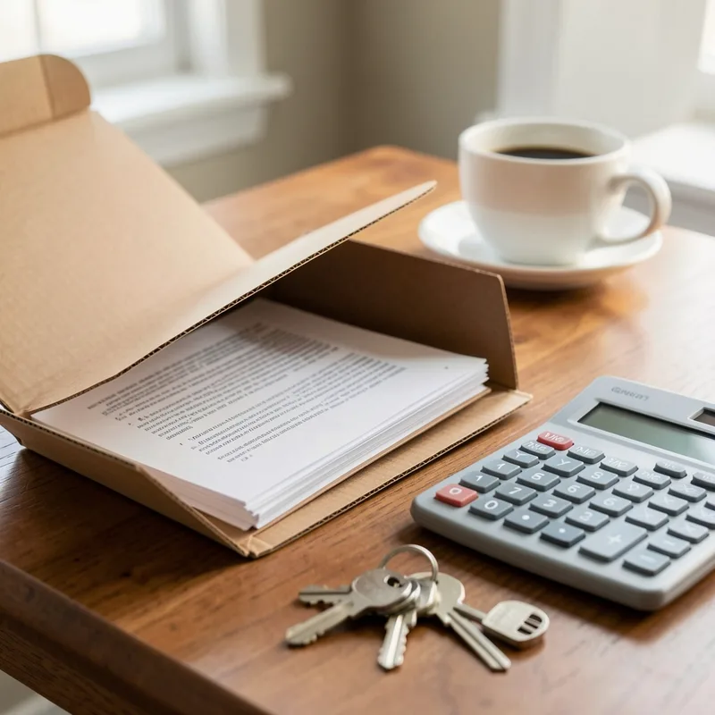 Bureau avec un dossier de vente immobilière ouvert, une calculatrice et un trousseau de clés posés sur la table