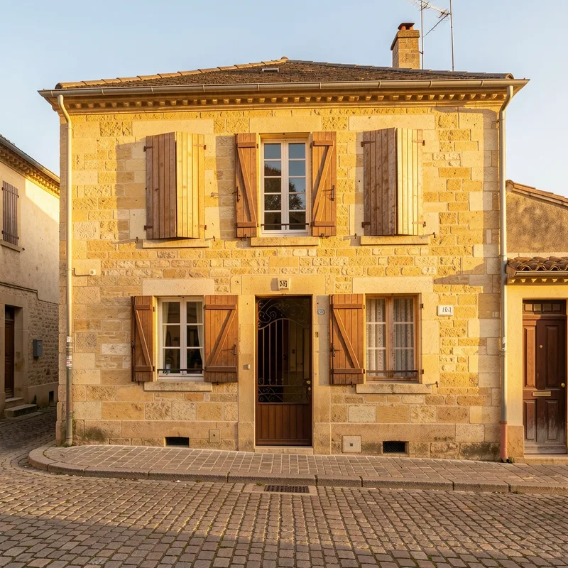 Façade en pierres dorées d’une maison de bourg du Beaujolais avec ses volets et son portail
