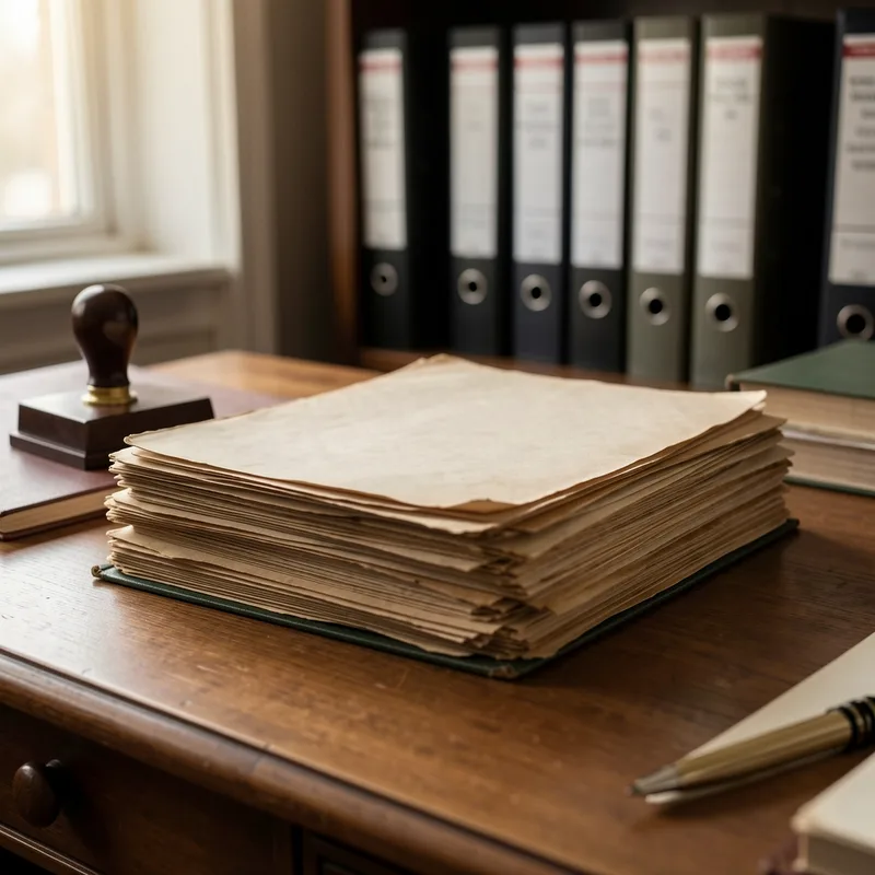 Registre foncier et documents administratifs empilés sur un bureau d’étude notariale