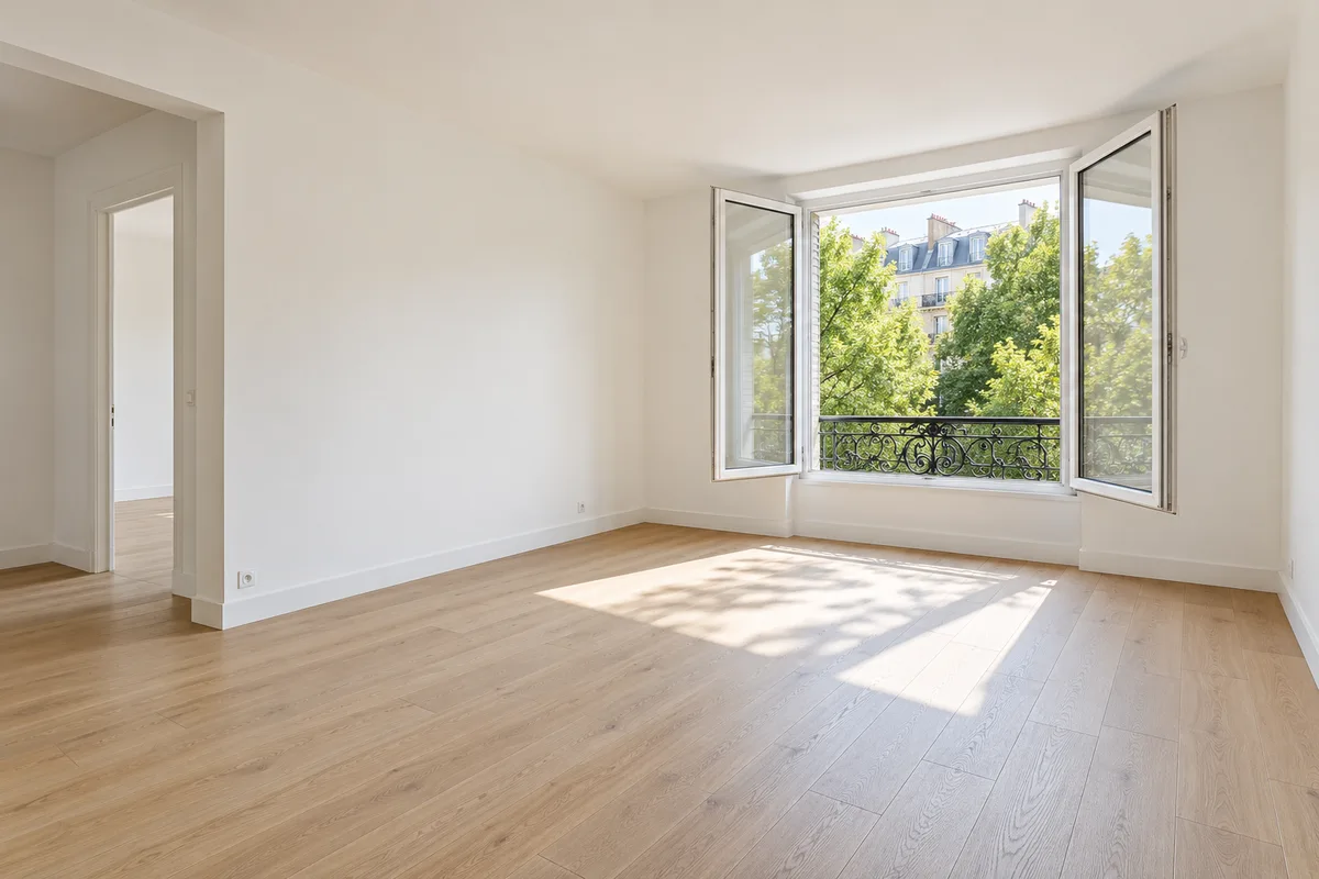 Séjour vide d&rsquo;un appartement rénové avec parquet clair et fenêtre ouverte sur la rue