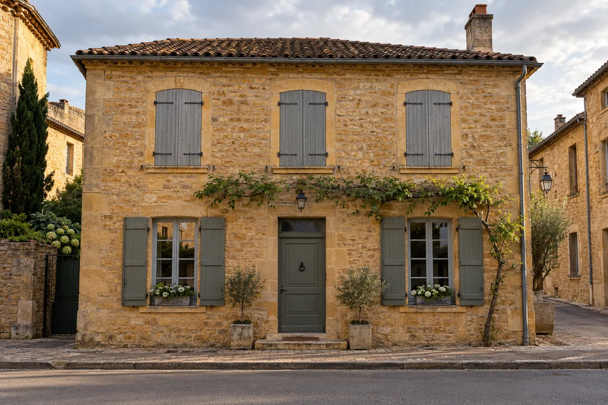 Façade en pierres dorées d&rsquo;une maison ancienne du Beaujolais vue depuis la rue