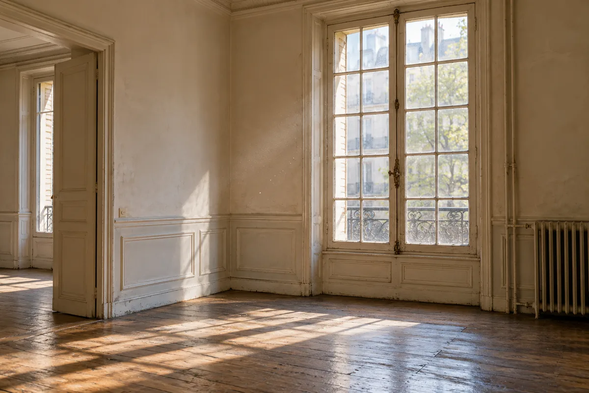 Fenêtre ancienne à simple vitrage dans un séjour vide au parquet usé