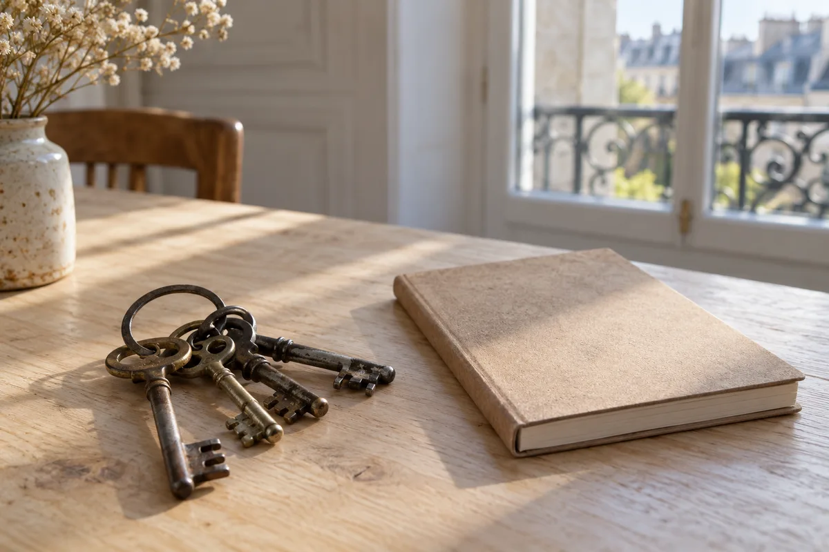 Trousseau de clés et carnet fermé posés sur une table en bois clair près d&rsquo;une fenêtre