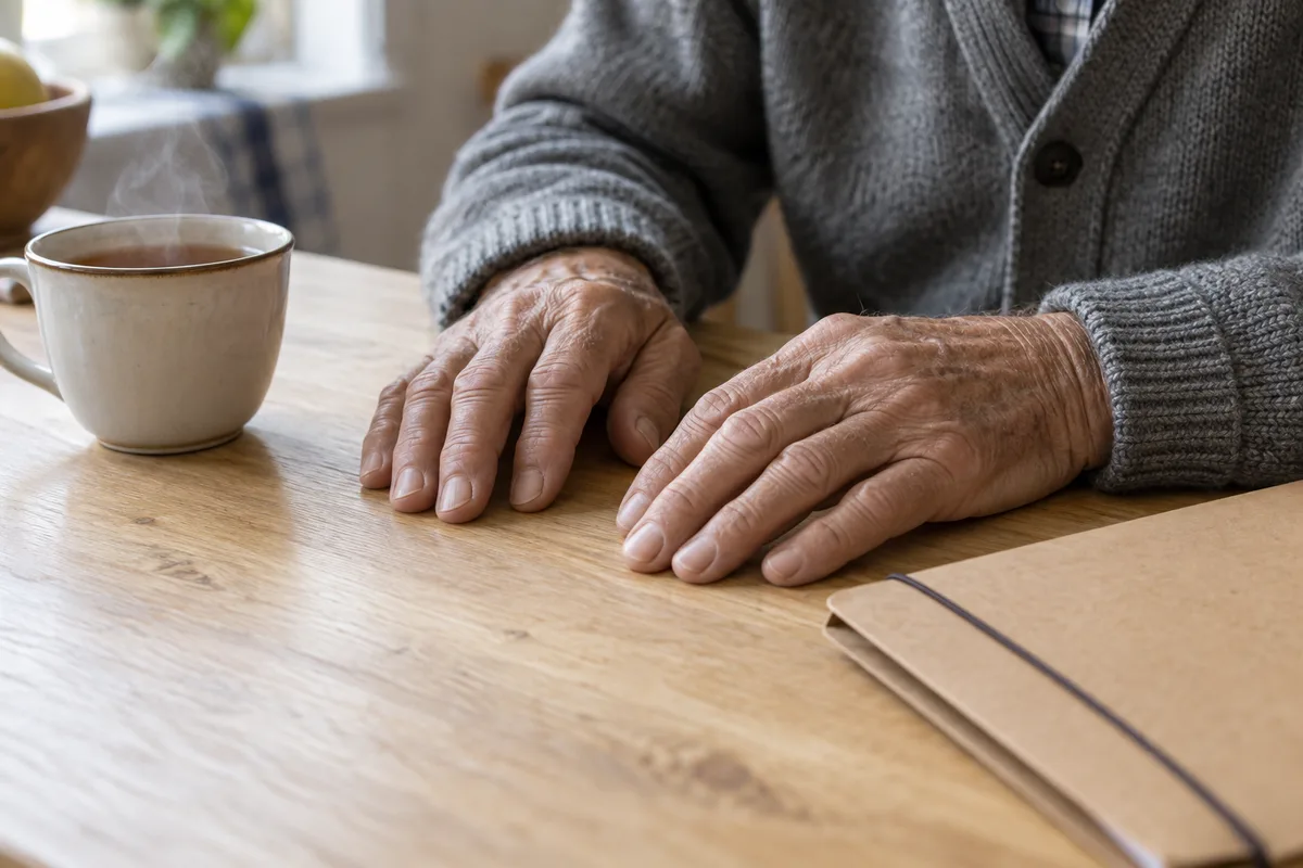 Mains d&rsquo;un homme âgé en cardigan gris posées sur une table de cuisine près d&rsquo;une tasse de thé