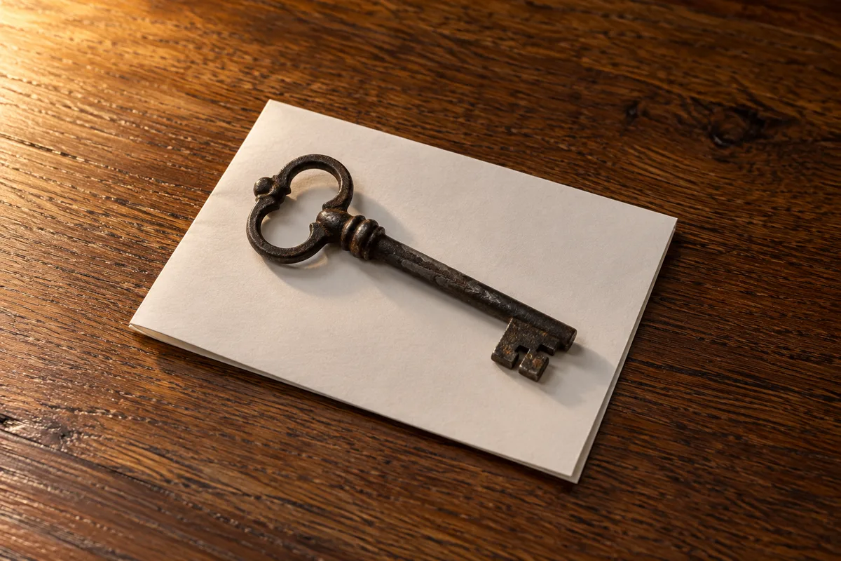 Clé ancienne en fer forgé posée sur une feuille de papier pliée, bureau en chêne ciré