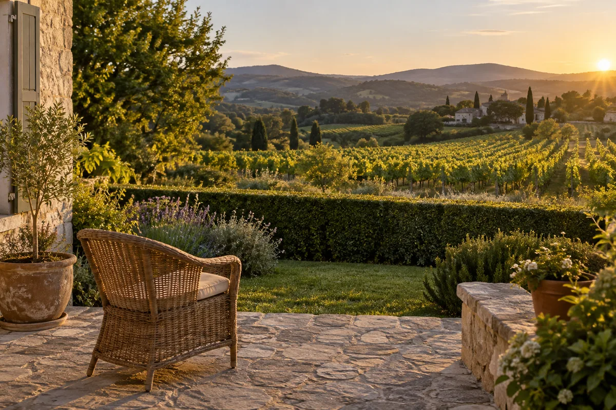 Jardin d&rsquo;une maison de village vu depuis la terrasse, chaise en osier vide et vignes au loin