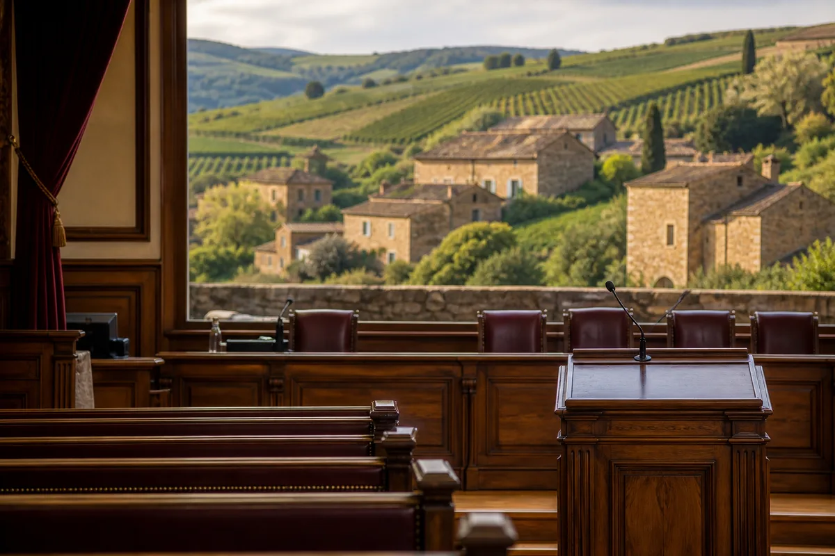 Salle d’audience du tribunal avec bancs de bois et pupitre, avant une vente par adjudication