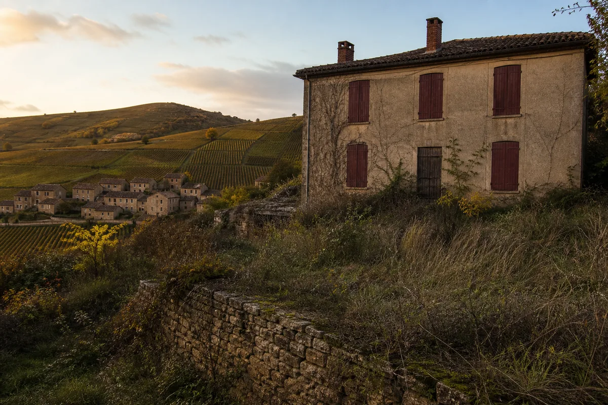 Maison ancienne fermée avec volets clos et jardin en friche, mise en vente par adjudication