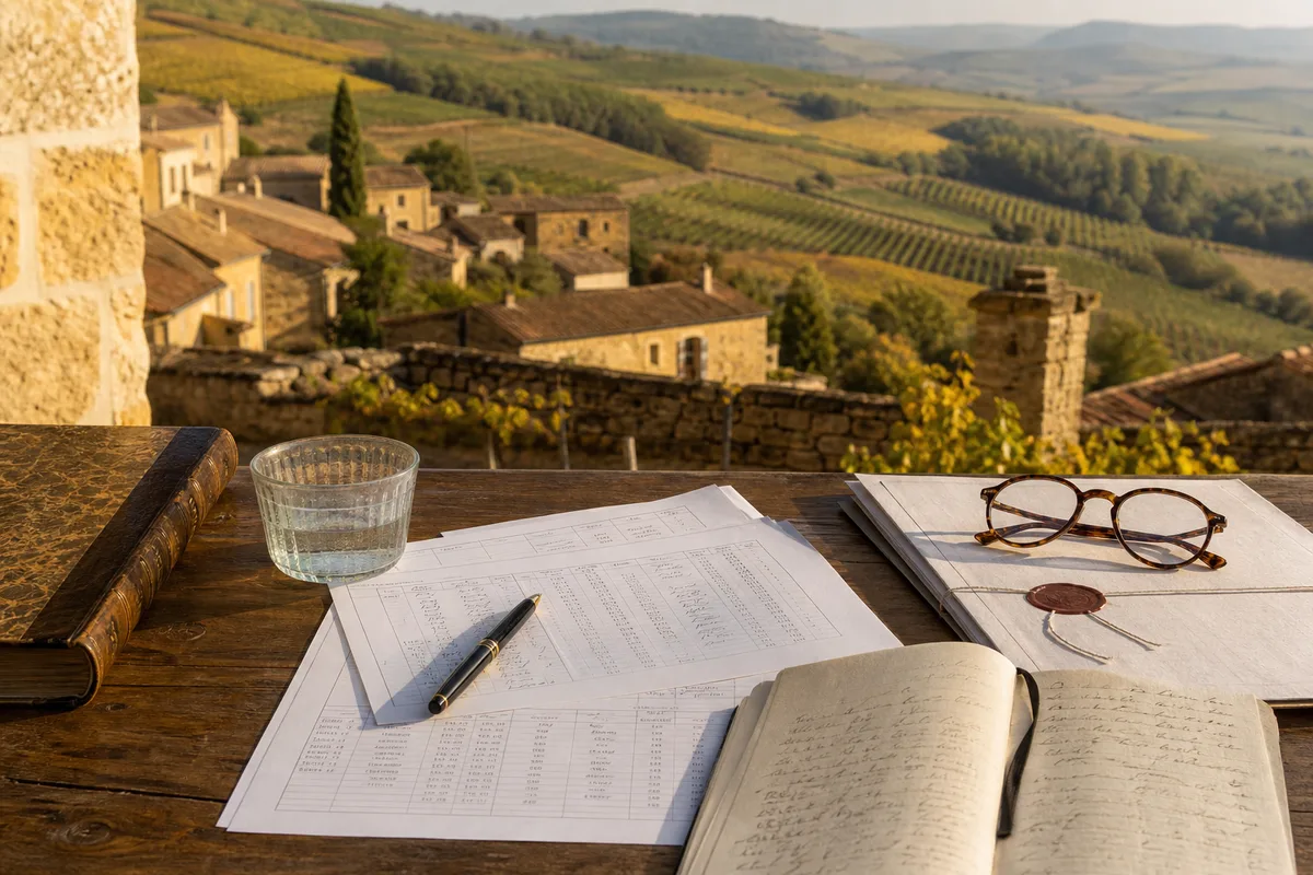 Table de calcul viager avec documents notariés, lunettes et carnet de notes manuscrites