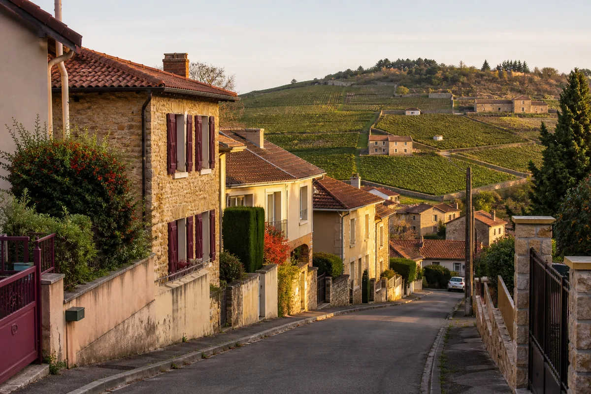 Rue résidentielle du Rhône avec plusieurs maisons individuelles aux styles et époques différents