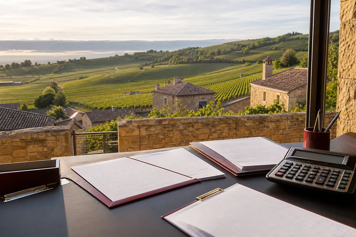 Bureau de gestion locative avec un mandat, un relevé de gérance et une calculatrice