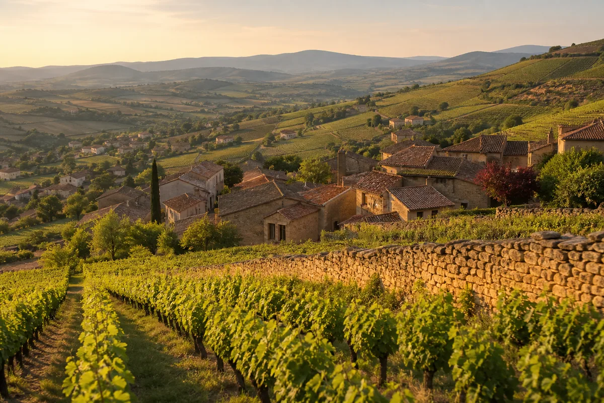 Coteaux de vignes du Beaujolais surplombant un village aux toits de tuiles rondes