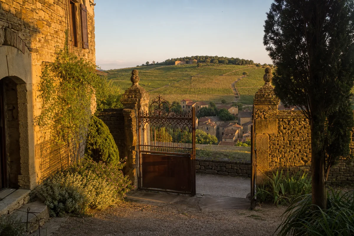 Maison de bourg en pierre du Beaujolais avec sa cour intérieure et son portail ancien