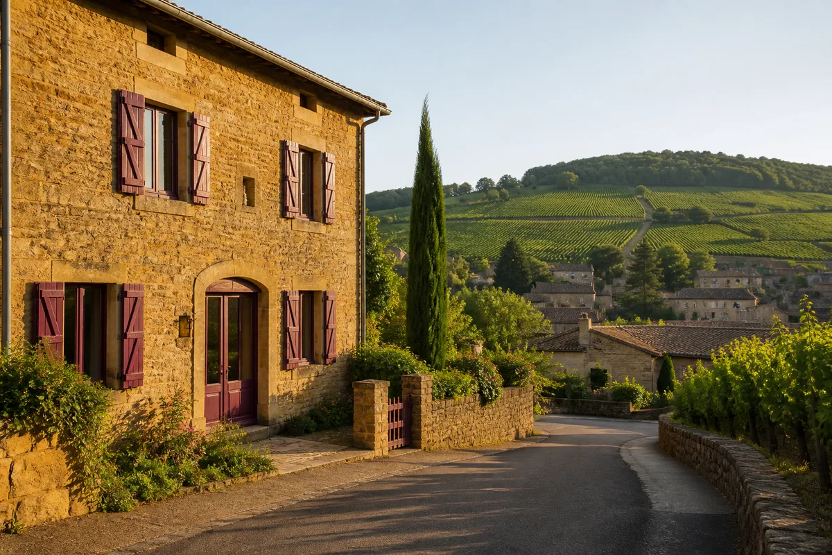 Maison en pierres dorées du Beaujolais photographiée depuis la rue au moment de sa mise en vente