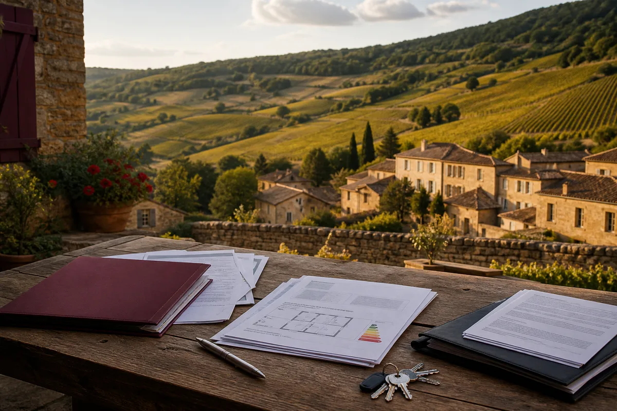 Table de travail avec un dossier de vente immobilière, des diagnostics et un jeu de clés