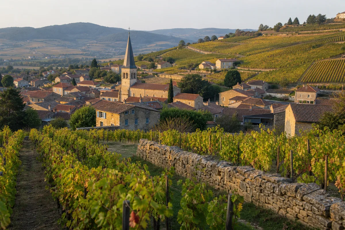 Village du Beaujolais vu depuis les vignes, avec ses toits de tuiles et son clocher